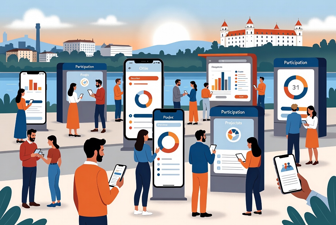 Digitálna mapa Bratislavy-Nového Mesta so zobrazením budov a verejnej zelene.